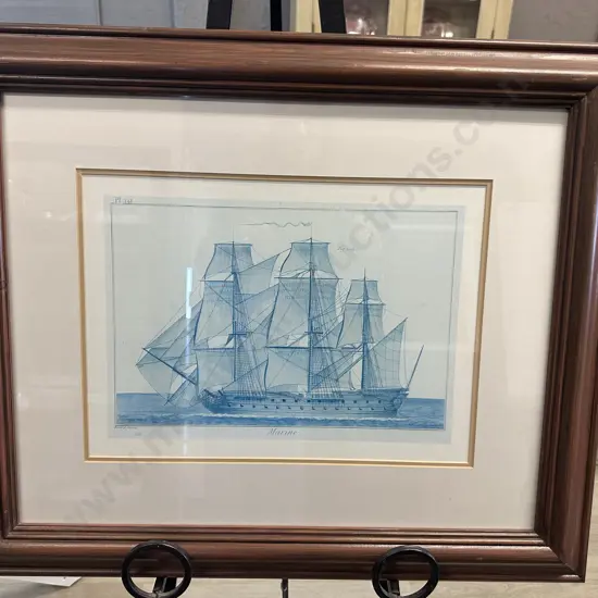 Vintage Maritime Print Titled 'Marine' By Bernard Direxit Featuring A Sailing Ship 60x71cm.