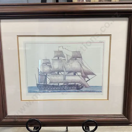 Vintage Maritime Print Titled 'Marine' By Bernard Direxit Featuring A Sailing Ship With All The Sails Deployed  60x71cm.