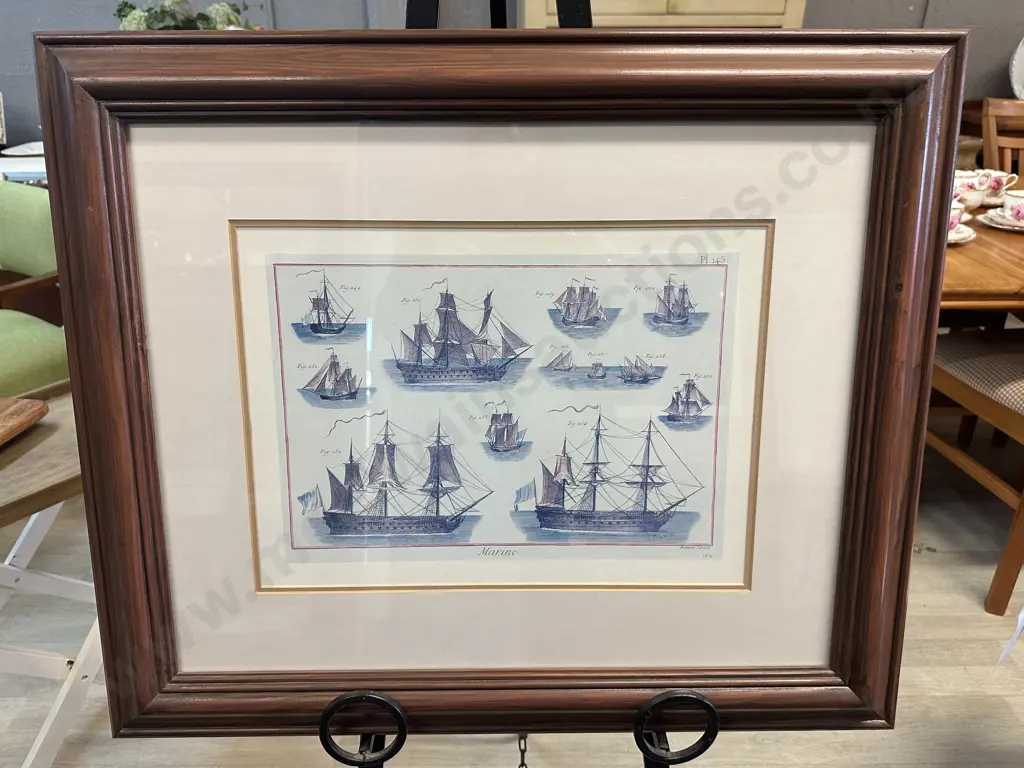Vintage Maritime Print Titled 'Marine' By Bernard Direxit Illustrations Of Various 18th Century Sailing Ships 60x71cm. Image 1++