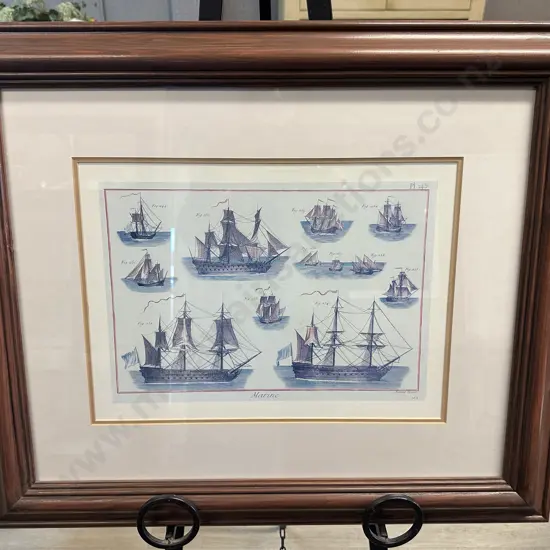 Vintage Maritime Print Titled 'Marine' By Bernard Direxit Illustrations Of Various 18th Century Sailing Ships 60x71cm.