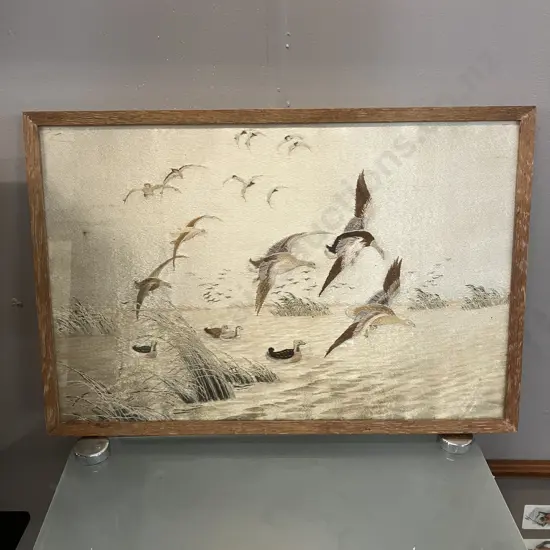Vintage Silk Embroidered Water Fowl Marshscape, Framed 31 x 46cm