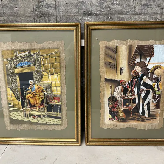 Gilt Framed Egyptian Papyrus Scenes From Middle East H54,W42cm.