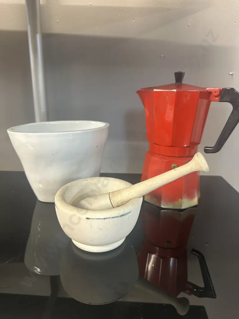 PezzEtti Red Stovetop Coffee Maker, Vintage Jelly Mould & Mortal & Pestle Image 1++