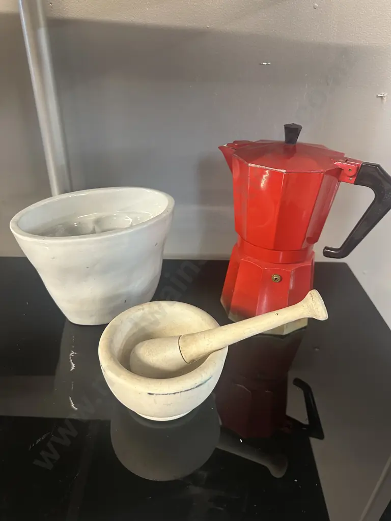 PezzEtti Red Stovetop Coffee Maker, Vintage Jelly Mould & Mortal & Pestle Image 1++