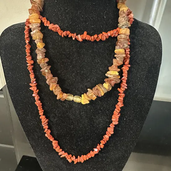 Vintage Amber Necklace Kauri Gum? Blocks Of Different Sizes & Red Jasper? Chip Beads Necklace