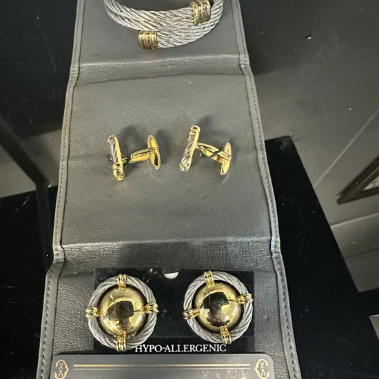 Phillippe Charriol Steel & Gold Plated Overlay Double Cable Bangle, Cuff Links & Earing Set