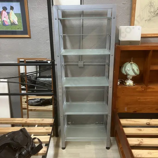 Grey Metal Shelf Unit With 5 Tempered Frosted Glass Shelves. H171 W61 D36cm