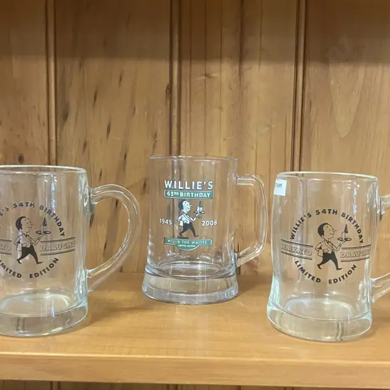 Pair of Waikato Draught Willie's 54th Birthday Glass Handles & Willie's 63rd Glass Handle