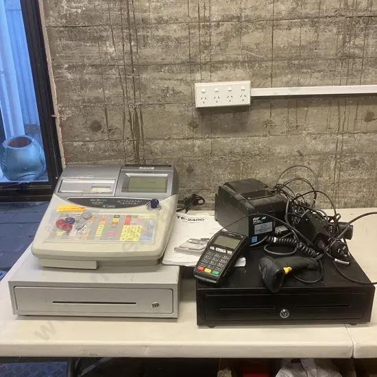 Casio TE-2400 Electronic Cash Register, Cash Drawer, Eftpos, Printer, Symbol Barcode Scanner (As IS Where Is)