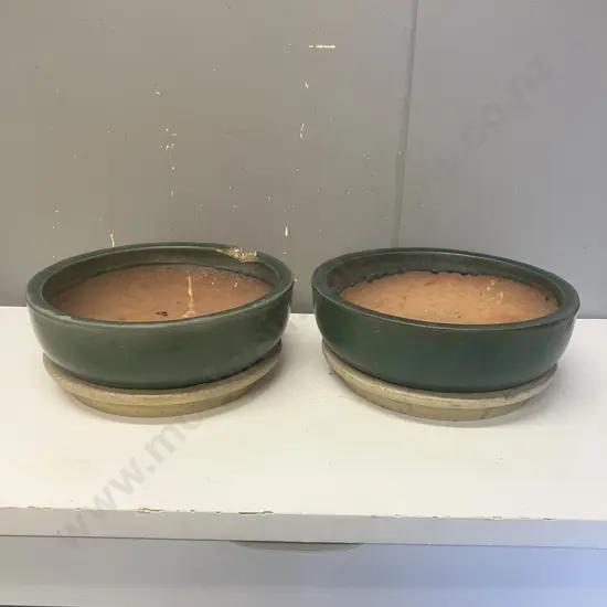 Pair of Green Glazed Planters With Saucers. 13 x 22cm