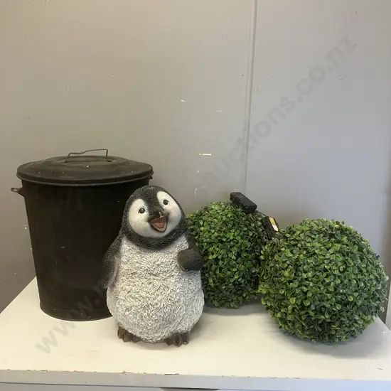 Penguin Outdoor Ornament, Faux Hanging Ivy Balls, Lidded Bin (AF) With Coloured Stones