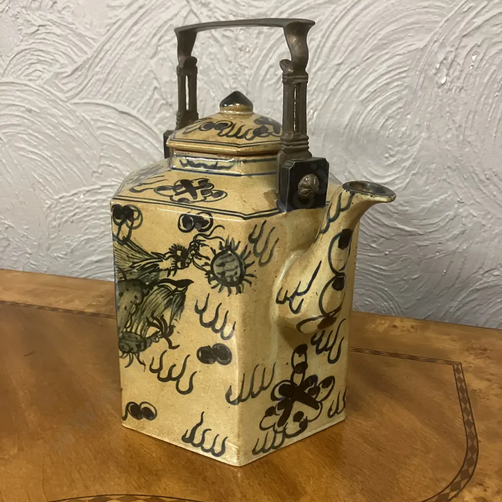 Large Thai Brown-Blue Dragon Patterned Vintage Hexagonal Teapot with Brass Handle. H31cm Image 1++