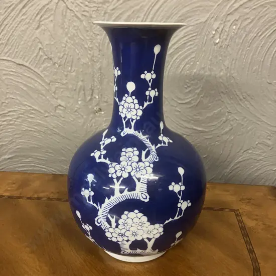 Chinese Jingdezhen Kiln Prunus "Cherry Blossoms" Porcelain Blue Glaze Vase. H28.5cm