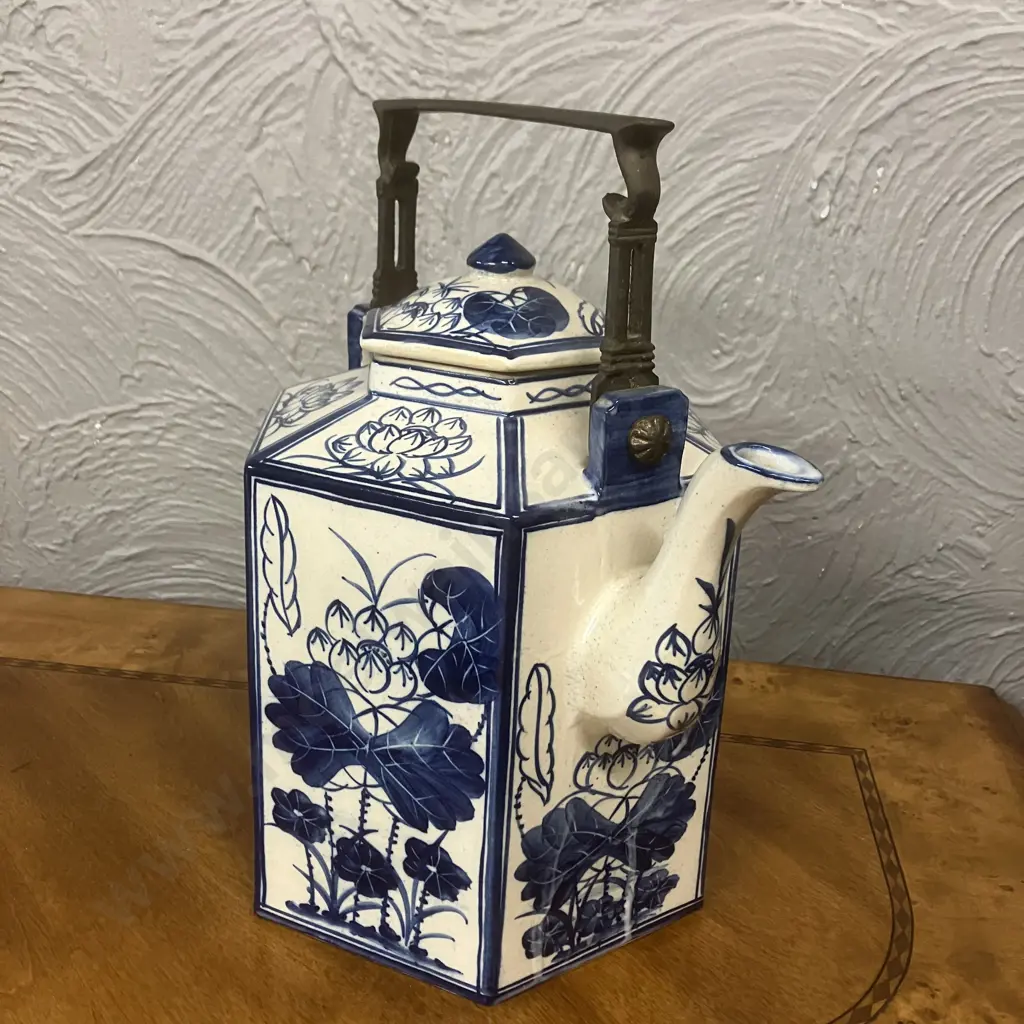 Large Thai Blue-White Floral Patterned Vintage Hexagonal Teapot with Brass Handle. H31cm Image 1++