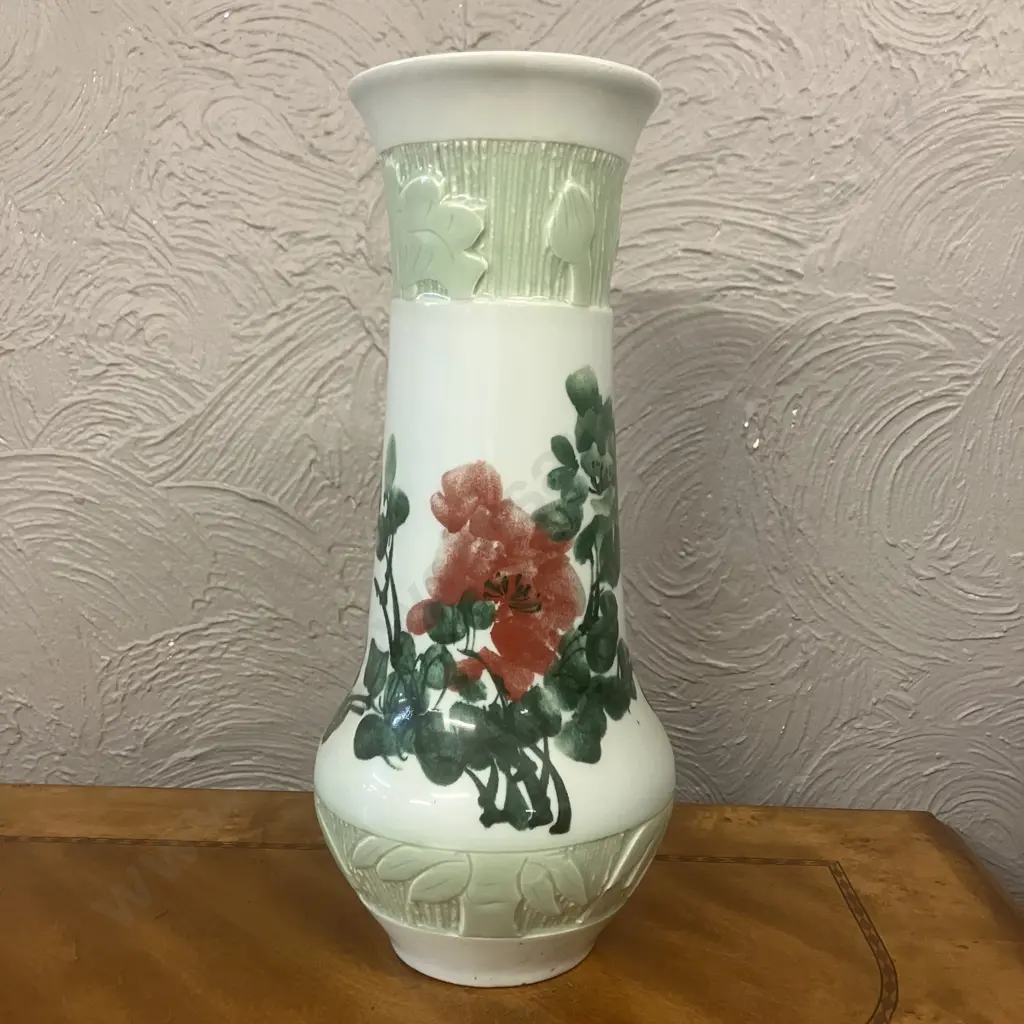 Vintage Chinese Jingdezhen Celadon Vase With Raised Bamboo Pattern & Painted Flowers. H45cm Image 1++
