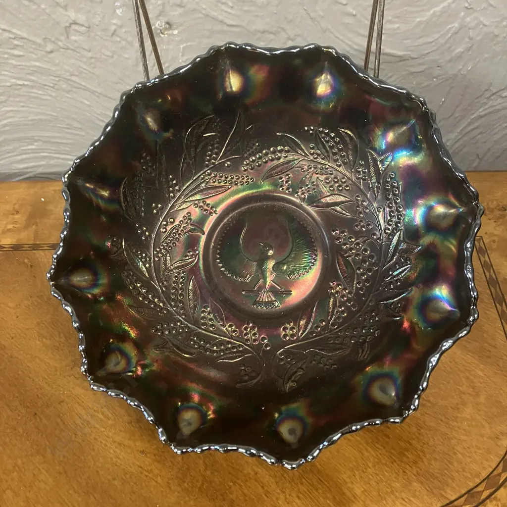 Rare Antique Crown Crystal Shrike Thunderbird Amethyst Carnival Glass Master Bowl (Australian) Early 1900s. 7.5 x 24cm Image 1++