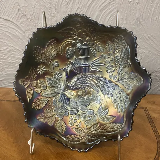 Antique Fenton Blue Peacock & Urn Carnival Glass Bowl, Beaded Berry Exterior, Early 1900s. 6.5 x 22.5cm