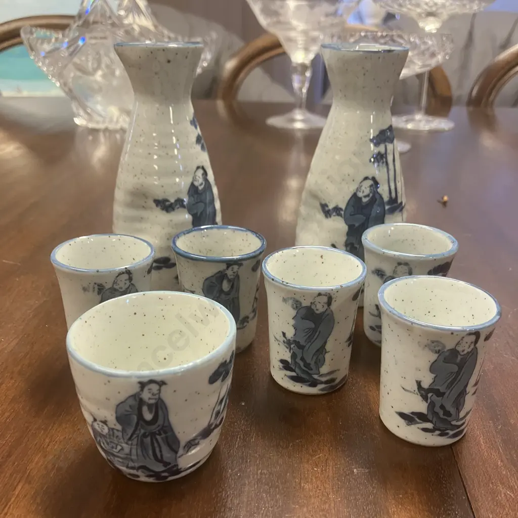Pair of Vintage Japanese Ceramic Sake Bottles, 5 Cups & Another Cup - Gray Chinese Style Blue Design Image 1++