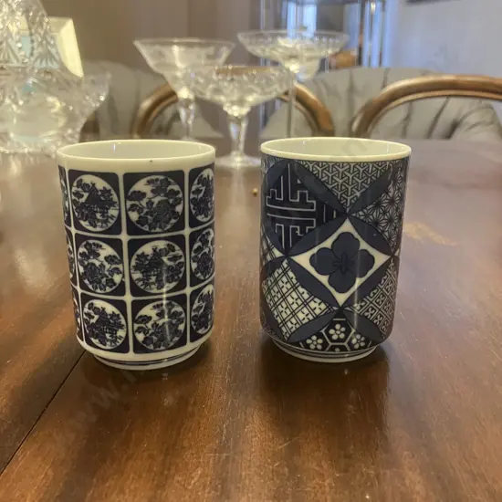 Pair of Blue & White Japanese Porcelain Traditional Yunomi Tea Cups, Signed To Base