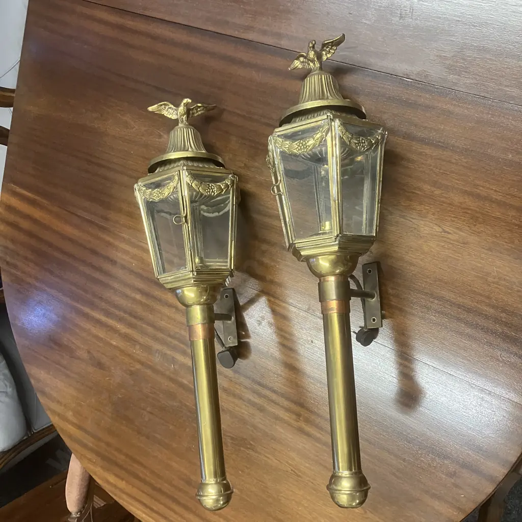 Pair of English Antique Brass Coach Lamps With Eagle Finials, Hexagonal Glassed Frame. 65.5cms Image 1++