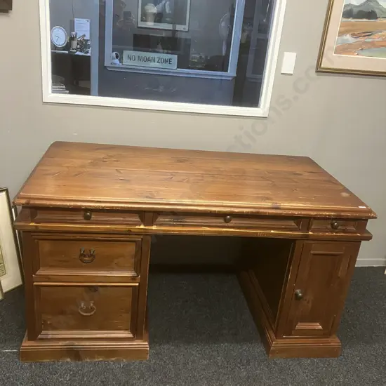 Rustic Solid Wood Desk, 5 Drawers, 1 Door, Cast Iron Handles, 3 Piece