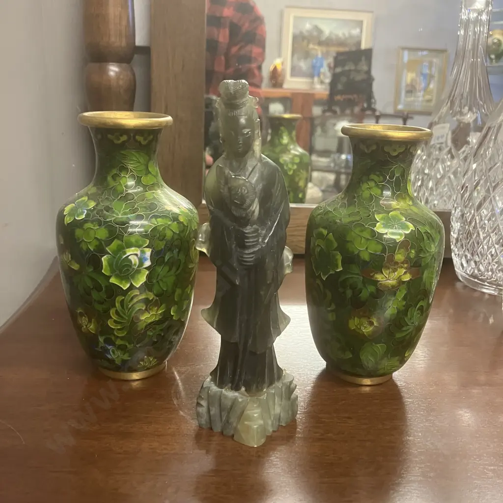 Carved Stone (Jade?) Chinese Goddess Figurine H17.5cm & Pair of Cloisonne Vases. H15.5cm Image 1++