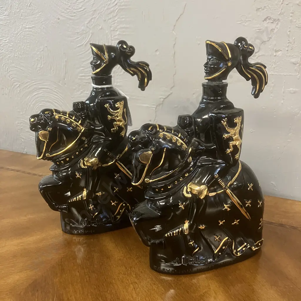 Pair of Vintage Castagnon Armagnac Black & Gold Knight Ceramic Decanters - Nogaro, France. H27cm Image 1++