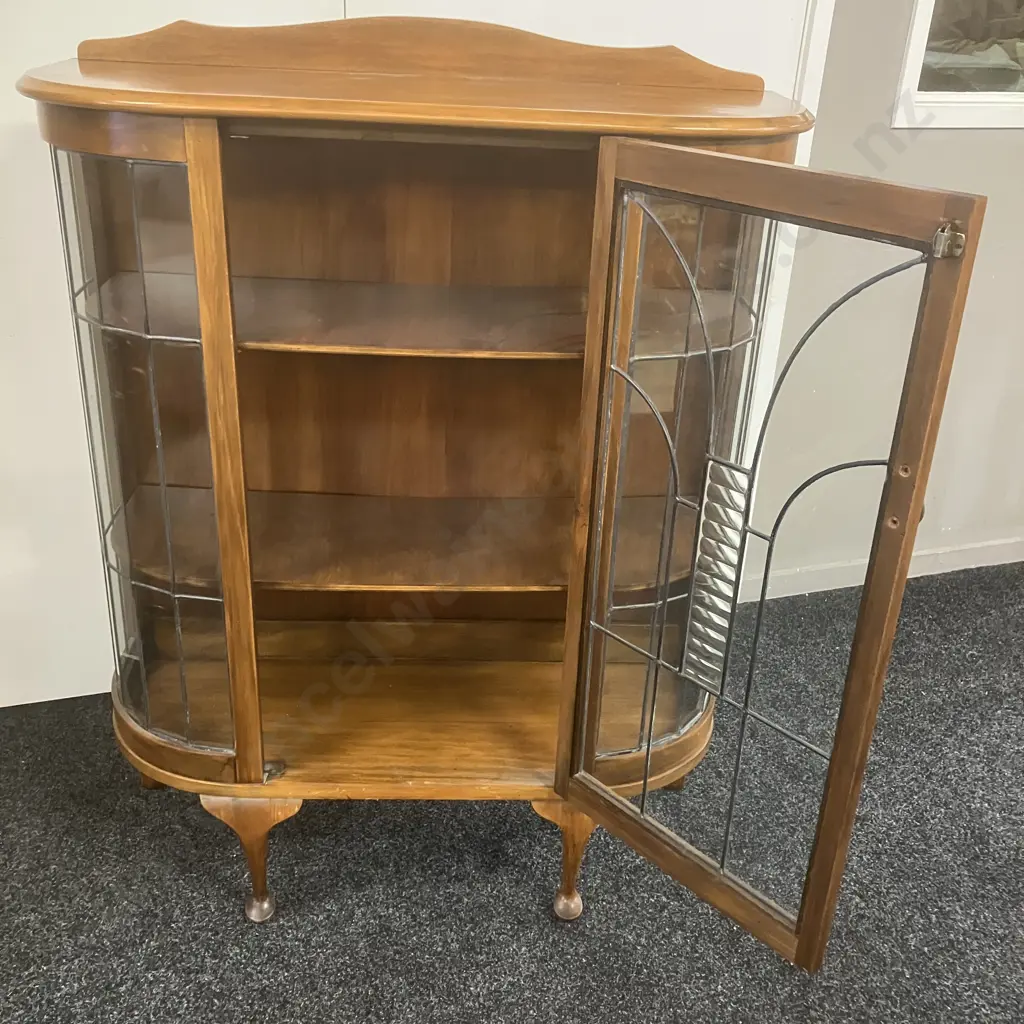 Antique Art Deco Mahogany Leadlight Glazed Bow Front China Display Cabinet, Cabriole Legs. H118 W91.5 D35cm Image 1++