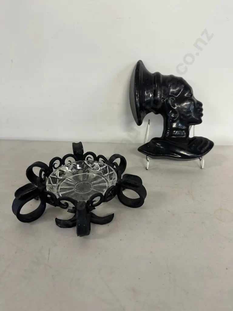 Vintage African Lady Head Wall Plaque & Black Steel Ashtray  Image 1++