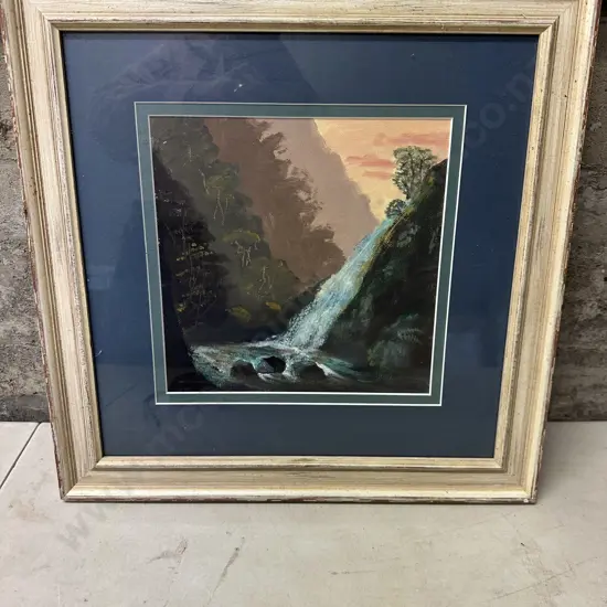 Cream Framed Pastel Artwork Water Fall Landscape Scene 46x46cm.