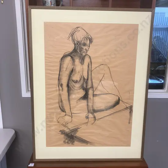 Framed Charcoal Drawing Seated Nude Woman. 95 x 72cm