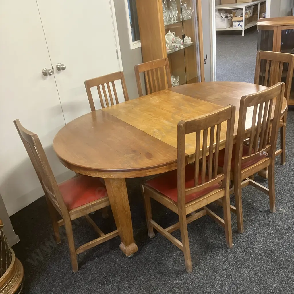 Antique Handmade  New Zealand Rimu Extension Table With Six Dining Chairs, 2 Leaves. W113 x 114, 2 x 33.5cm Leaves Image 1++