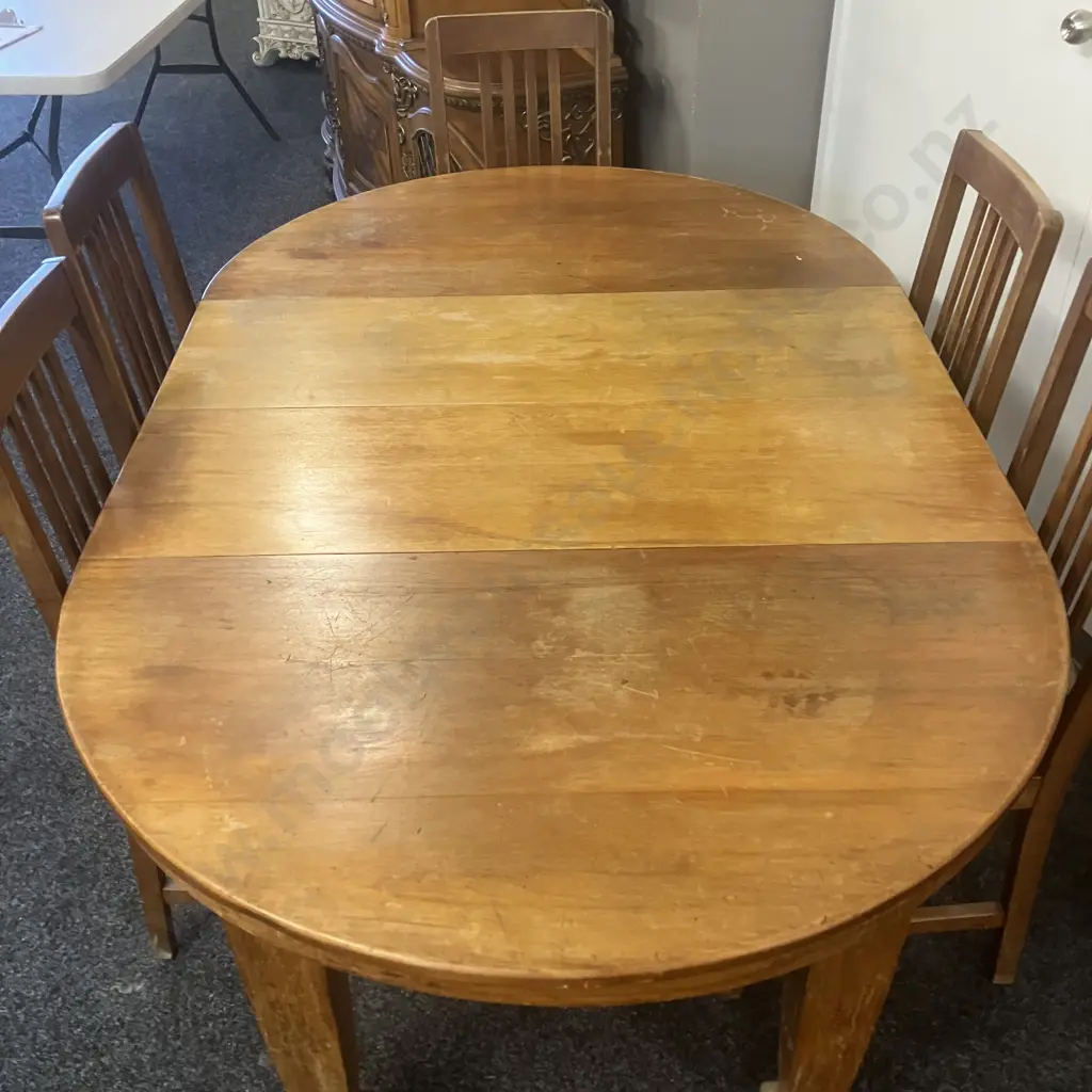 Antique Handmade  New Zealand Rimu Extension Table With Six Dining Chairs, 2 Leaves. W113 x 114, 2 x 33.5cm Leaves Image 1++