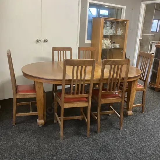Antique Handmade  New Zealand Rimu Extension Table With Six Dining Chairs, 2 Leaves. W113 x 114, 2 x 33.5cm Leaves