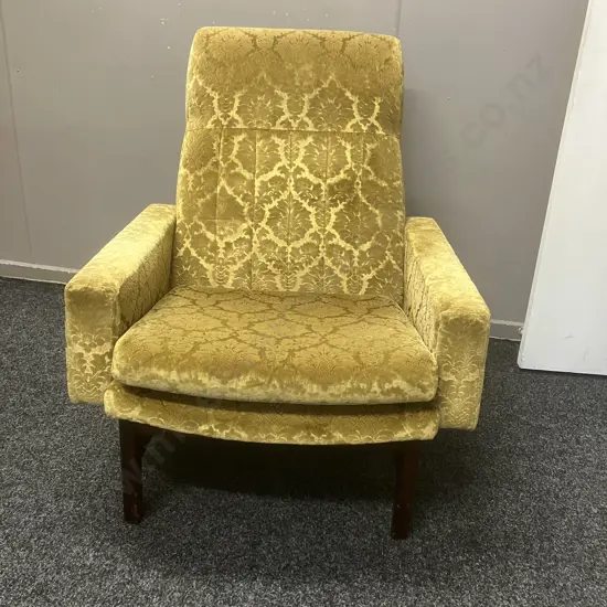 Vintage Mid Century Modern High-Back Lounge Chair In a Green / Gold Embossed Fabric