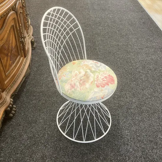 Mid Century Modern White Metal Rod Chair With Floral Fabric Seat