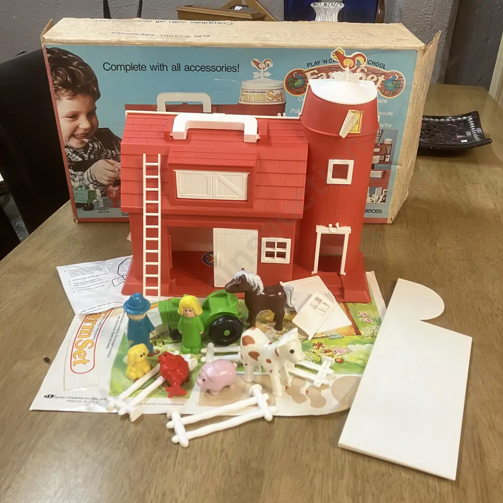 Vintage 1980s "Play 'N Carry" Preschool Farm Set with Barn, Silo, Sticker Sheet, Accessories & Original Box Image 1++