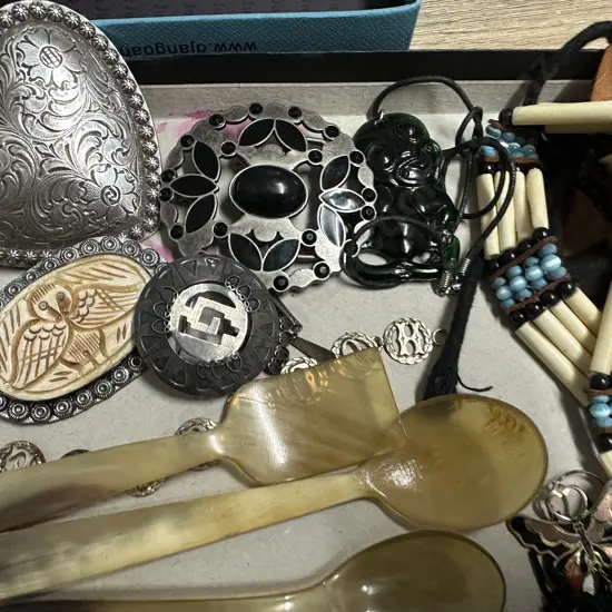 Selection Of Belt Buckles, Brooch, Bracelets Including 925 ETc