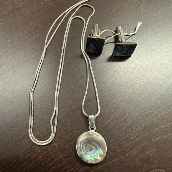 Stamped Necklace & Cuff Links With Paua Detail