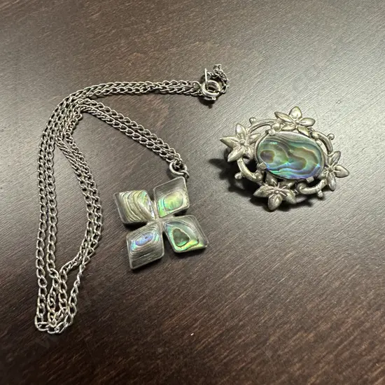 Sterling Silver Pendant Necklace & Brooch Paua Detail