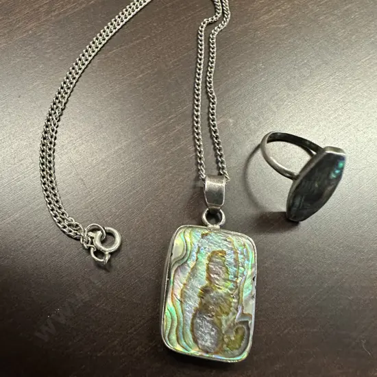 Sterling Silver Necklace & Ring Set With Paua Shell Detail