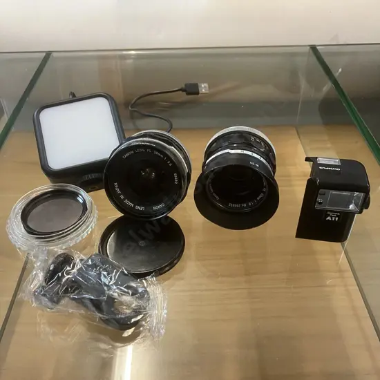 Canon Lens FL 28mm f/3.5 & FL 50mm f/1.8 Prime Lenses - Japan, Vivitar 48mm Polarizing Filter, Olympus A11 Flash Etc
