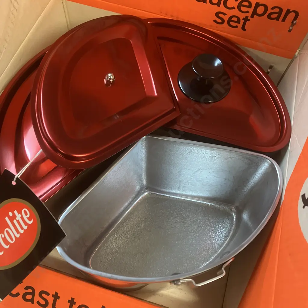 Vintage Retro New "decolite" Triple Saucepan Set With Original Tag & Box, Cast Aluminum Image 1++
