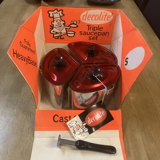 Vintage Retro New "decolite" Triple Saucepan Set With Original Tag & Box, Cast Aluminum
