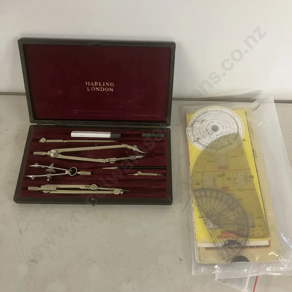 Antique Boxed Set of Technical Drawing Instruments by "W H" Harling London. Circular Slide Rule, Protractor Etc Image 1++