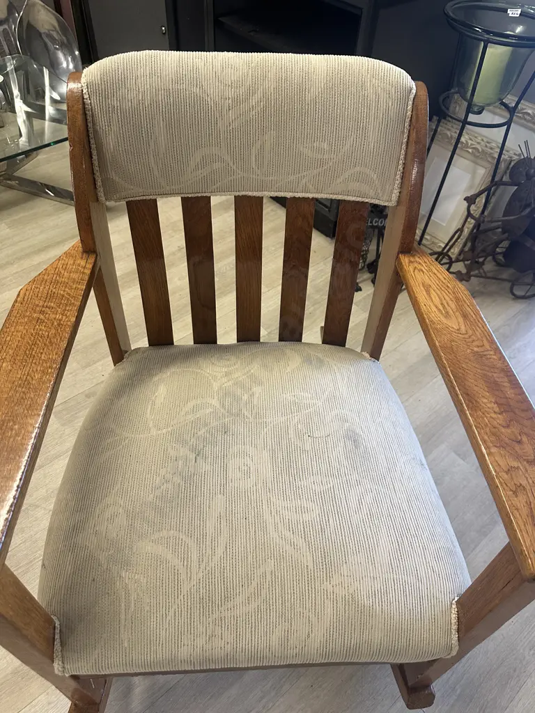 Art Nouveau Oak Rocking Chair Slat Back Cream Upholstery H85,W66,D85cm. Image 1++