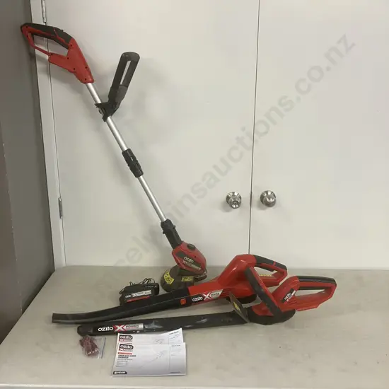Ozito X Power XChange 18V Cordless Blower, Hedge Trimmer, Grass Trimmer With 2.0Ah Battery & Charger