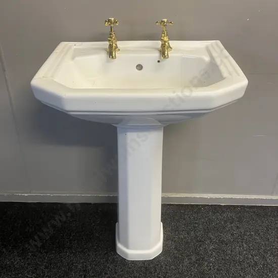 Edwardian Style Rectangle 58 x 45.5cm Basin With Caradon England Pedestal & Pair of Brass Taps. H84cm