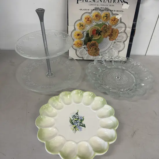 Two Tier Glass Cake Stand & Devilled Eggs Platter