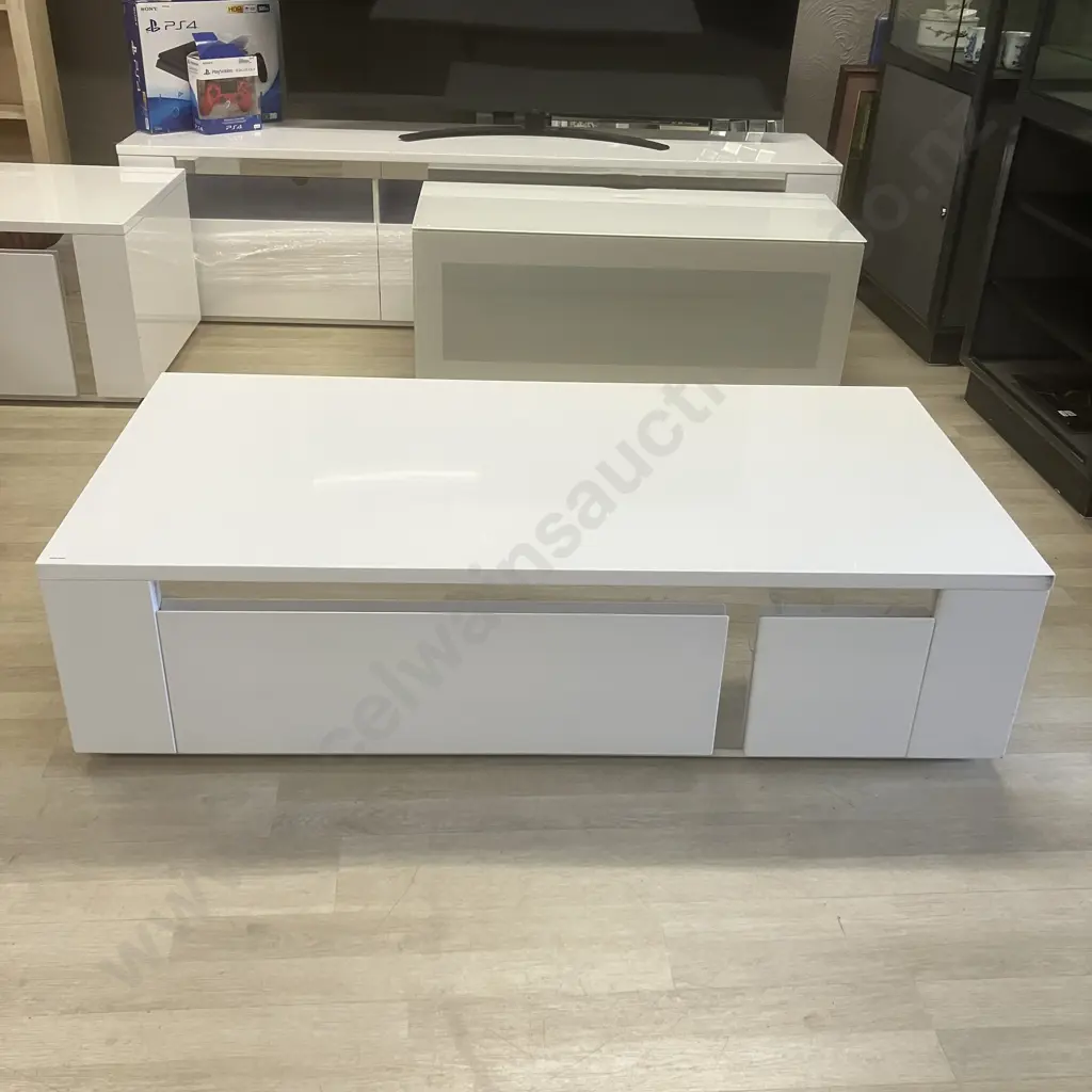 Senti Large Coffee Table by Insato Furniture - White Gloss With Mirror Accents, Single Door & Drawer. H36 W140 D70cm Image 1++